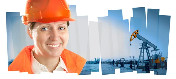 Engineer woman in an oil field. Collage composition. — Stock Photo, Image