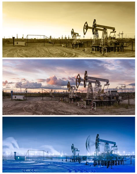 3 panoramor olja pumpjack. — Stockfoto