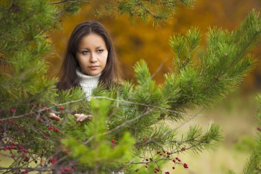 Bir çam ormanı içinde çok güzel bir kız