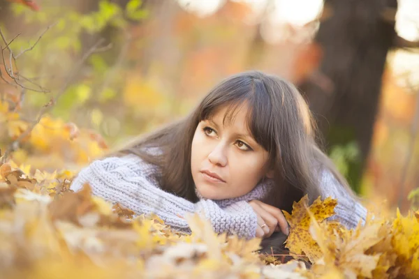 Roztomilá krásná dívka na podzimní Les — Stock fotografie