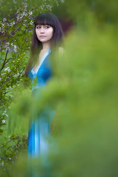 Menina bonita em uma floresta verde — Fotografia de Stock