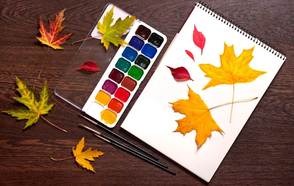 Album, watercolor paints, brushes and autumn leaves — Stock Photo, Image