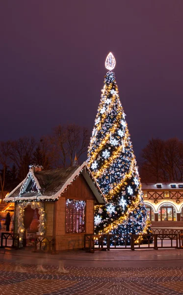 Weihnachtsbaum und Weihnachtsmannhaus — Stockfoto