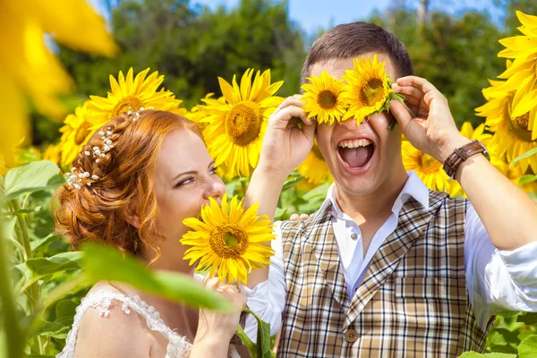 Pareja feliz se divierte en el fondo del campo de girasoles . — Foto de Stock