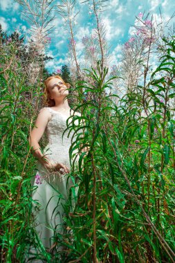 Sihirli dev çiçekler arasında beyaz elbiseli güzel kadın.
