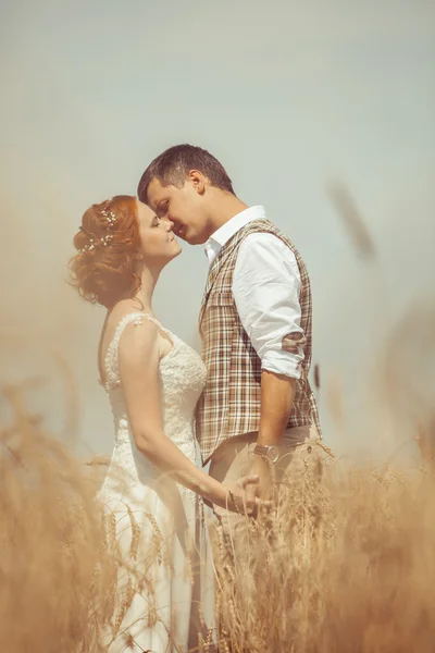 Happy omarmen paar op de achtergrond van de tarwe van een veld. — Stockfoto