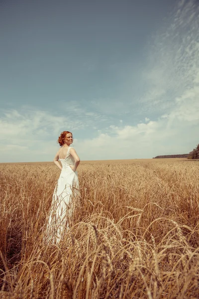 Gelukkig red haired wandelen bruid op de achtergrond van de tarwe van een veld. — Stockfoto