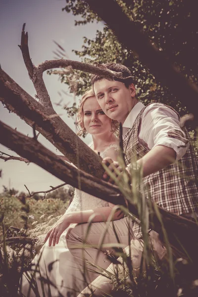 Casal feliz está sentado no ramo da árvore velha no b rural — Fotografia de Stock