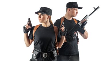 Polis memuru silahlı. beyaz izole.