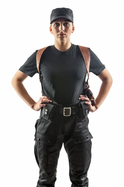 Police officer woman is standing with hands on hips. Isolated on — Stock Photo, Image