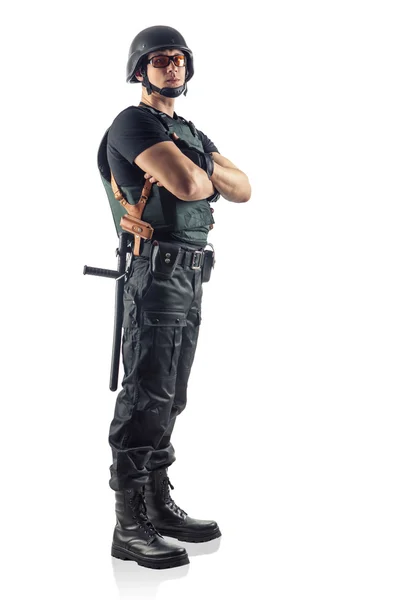 Police officer with crossed arms  is looking on you. Isolated on — Stock Photo, Image