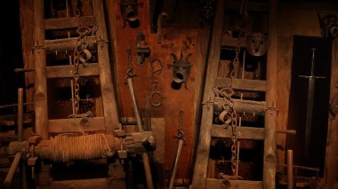 Medieval inquisition equipment on the wall of gothic dungeon. clipart