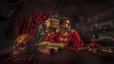 Bir elinde dugger ile dalgın Ortaçağ büyük düşünme