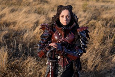 Zırhlı şövalye kadın at ile günbatımı tarlalarına karşı