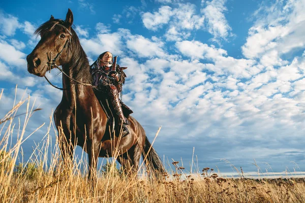 Cavaleiro Mulher Armadura Cavalo Contra Pôr Sol Campos Fundo — Fotografia de Stock