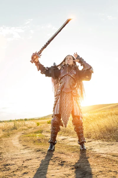 Zırhlı Şövalye Kadın Ile Günbatımı Tarlalarına Karşı — Stok fotoğraf