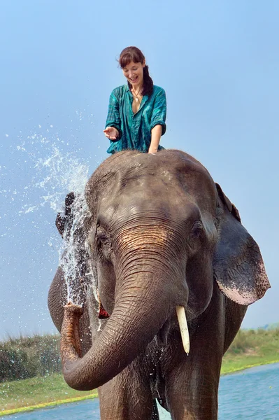 Hermosa chica está teniendo una ducha con el elefante . — Foto de Stock