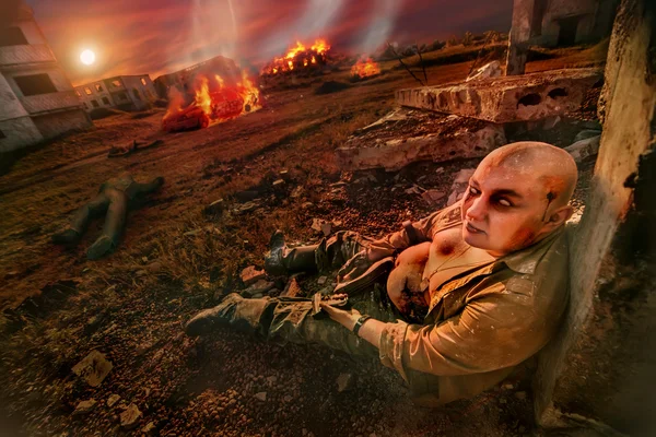 Fat zombie with the gun on the ruined city background. — Stock Photo, Image