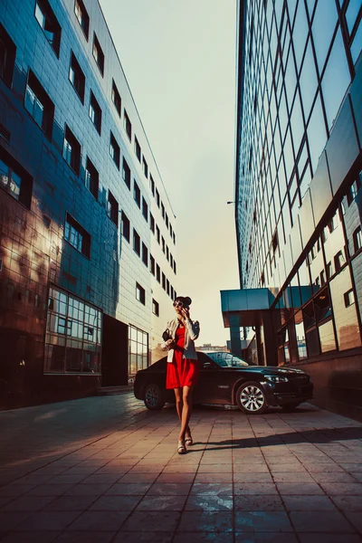 그녀의 차 근처 아름 다운 젊은 사업가 — 스톡 사진