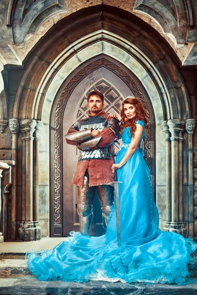 Medieval knight with his beloved lady — Stock Photo, Image