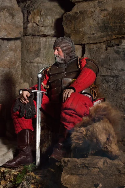 与剑盔甲老中世纪国王坐在附近 th 毛皮 — 图库照片