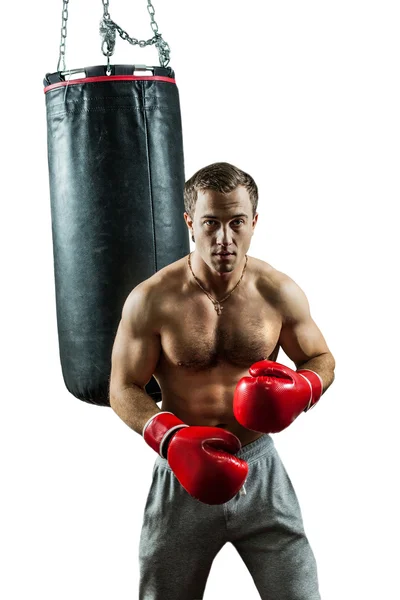 Muscular boxer near the boxing bag. Isolated on white background — Stock Photo, Image