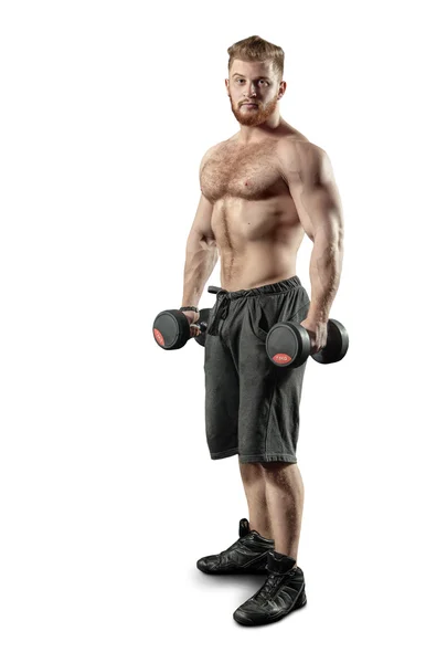 Powerful man with muscular build is training with the dumbbells. — Stock Photo, Image