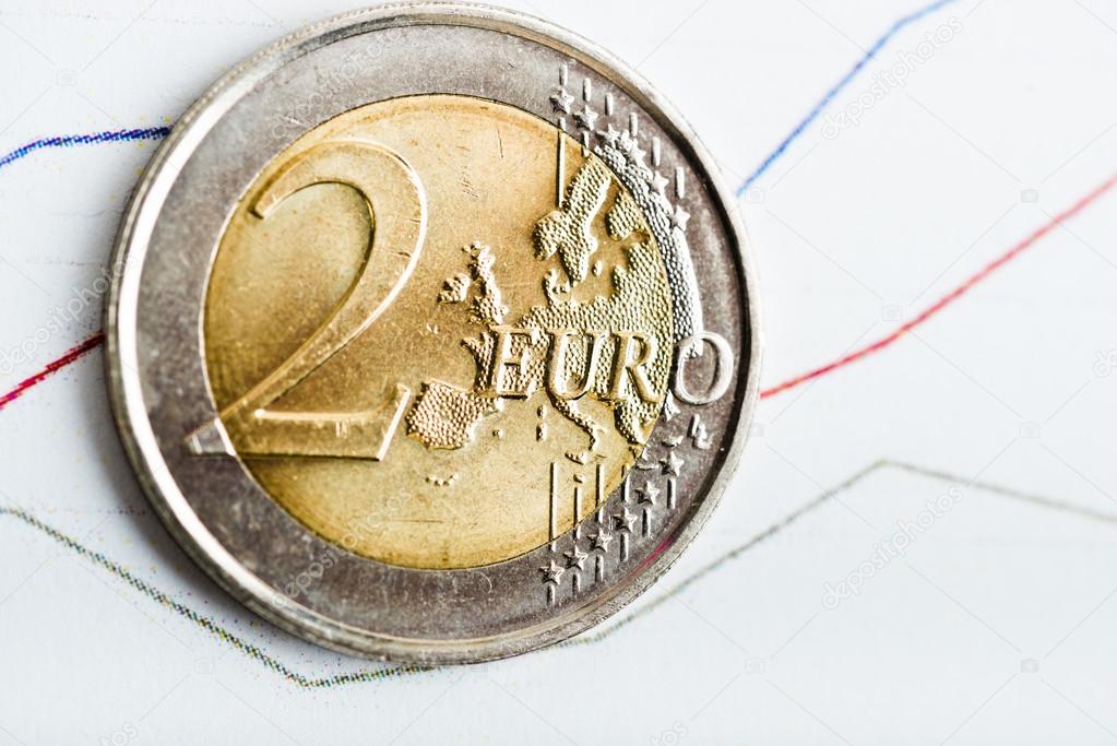 euro coin on fluctuating graph