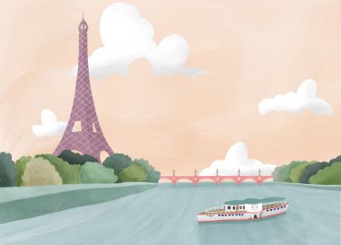 Paris 'te bir gemisi olan Seine Nehri yakınındaki Eyfel Kulesi.