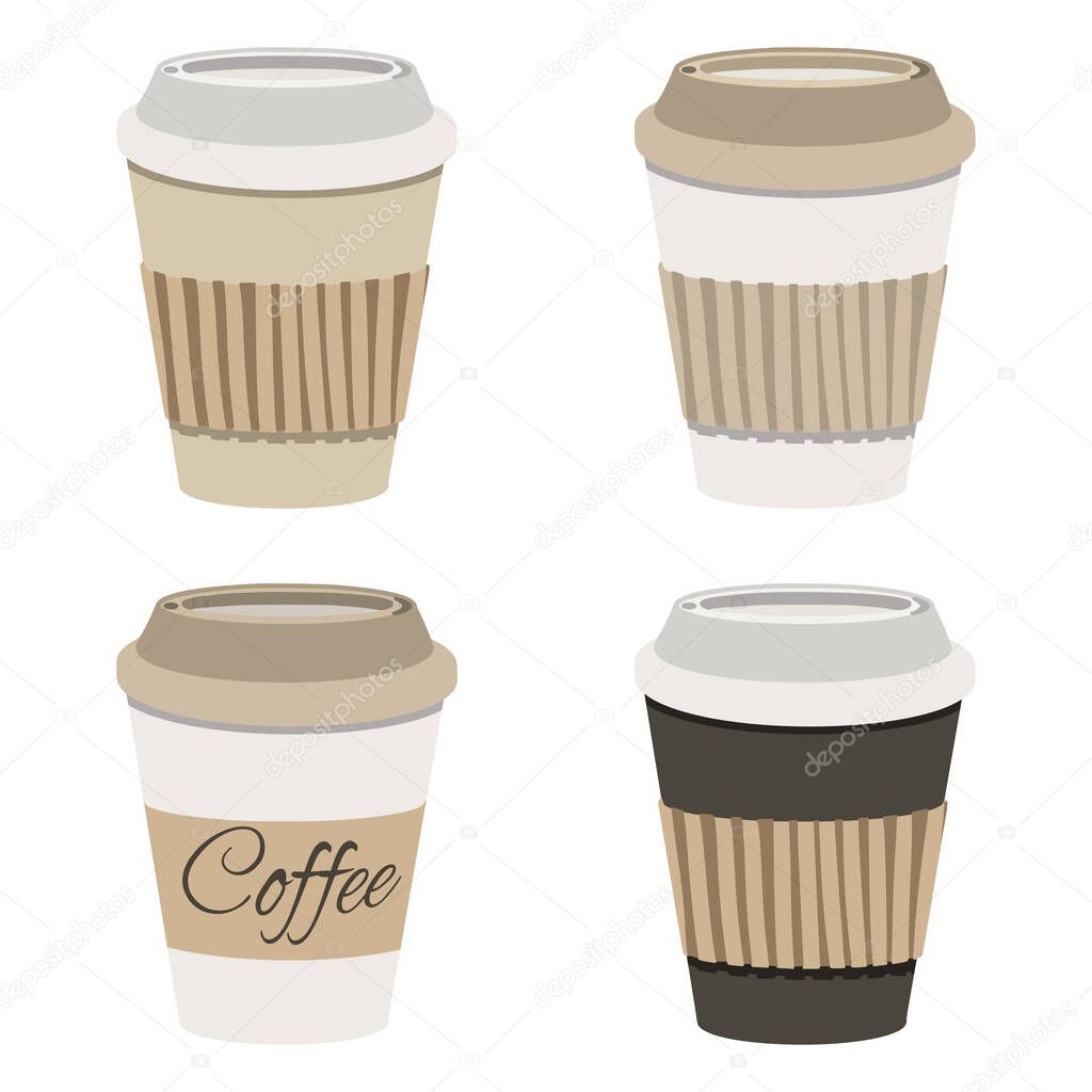 Coffee cup with lid and kraft holder icon set isolated on white background. Vector Illustration. Flat Style