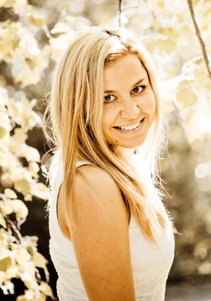 Autumn outdoor portrait of blond woman — Stock Photo, Image