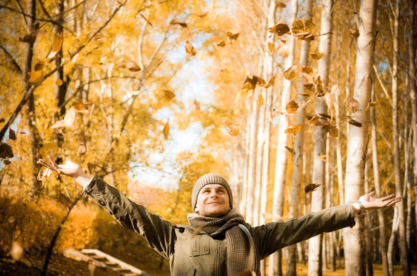 Man  throwing up piles of autumn leaves . — Stock Photo, Image