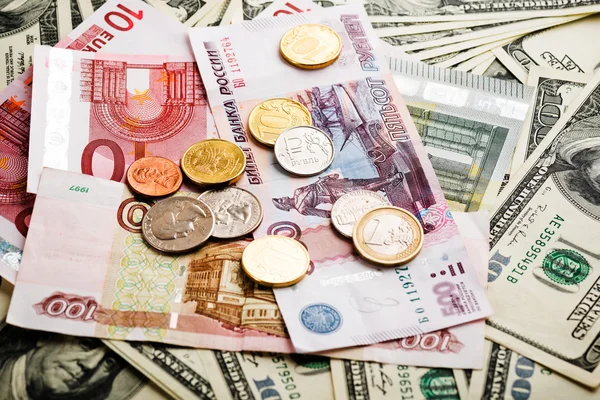 Rubli russi, euro e dollari banconote — Foto Stock