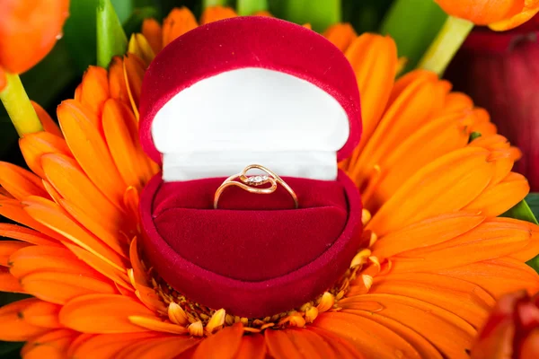 Kırmızı bir kutu içinde nişan yüzüğü — Stok fotoğraf