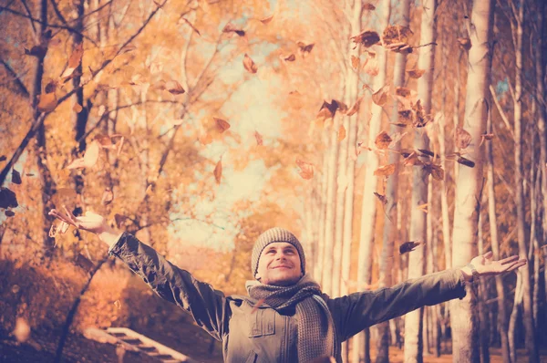 Man throwing up piles of autumn leaves — Stock Photo, Image