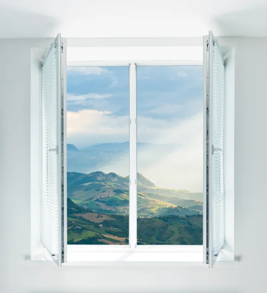 Hills in San Marino seen through the window — Stock Photo, Image