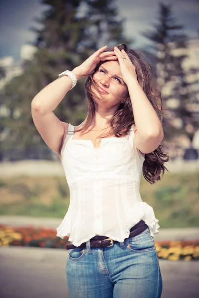 European woman with hair flying — Stock Photo, Image