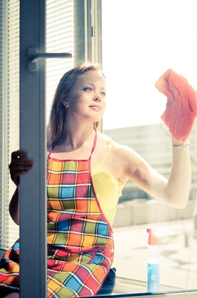 Hemmafru tvättar ett fönster — Stockfoto