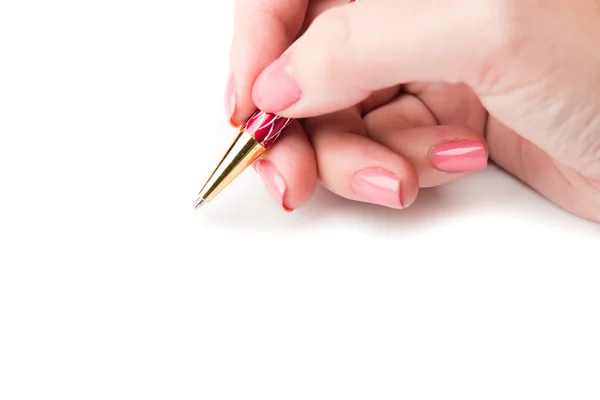 Vrouwelijke hand schrijven met metalen pen — Stockfoto