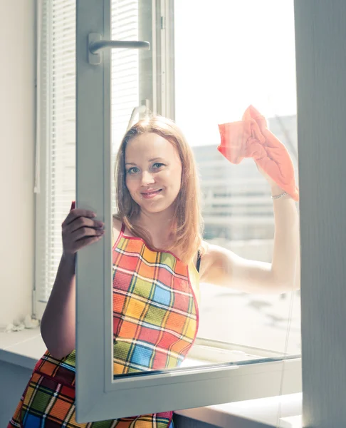 Housewife washes a window Stock Picture