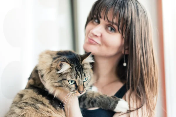 Brunette fille et chat — Photo