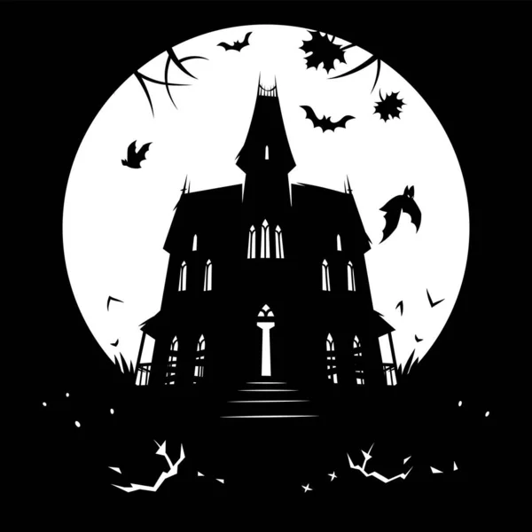 Silueta Casa Embrujada Contra Luna Ilustración Vectorial Halloween — Vector de stock