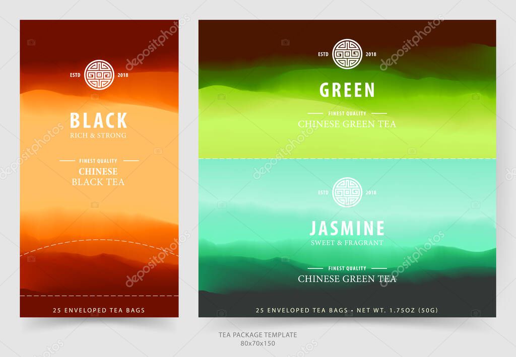 Tea package design template with misty mountain landscape and chinese style logo