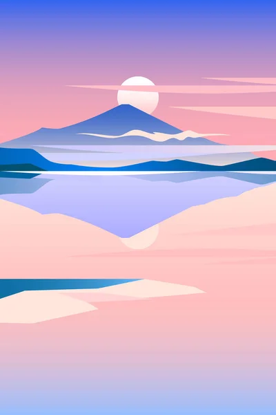 日暮れ時のミニマルスタイルの幾何学的な湖畔の風景 — ストックベクタ