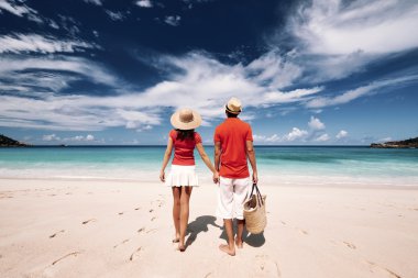 Couple on a beach at Seychelles clipart