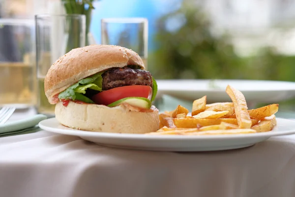 Hamburger ve patates plaka — Stok fotoğraf