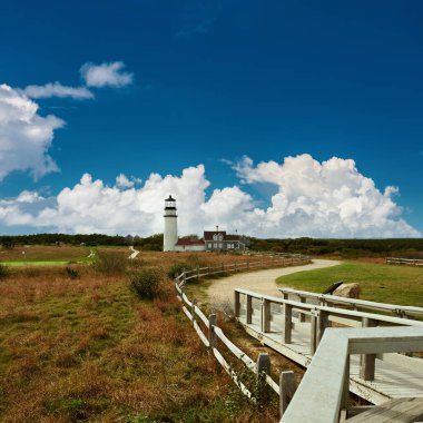 Highland Deniz Feneri, Cape Cod 'un en eski ve en uzun binası, 1797' de inşa edilmiş, Kuzey Truro, Massachusetts, ABD. 