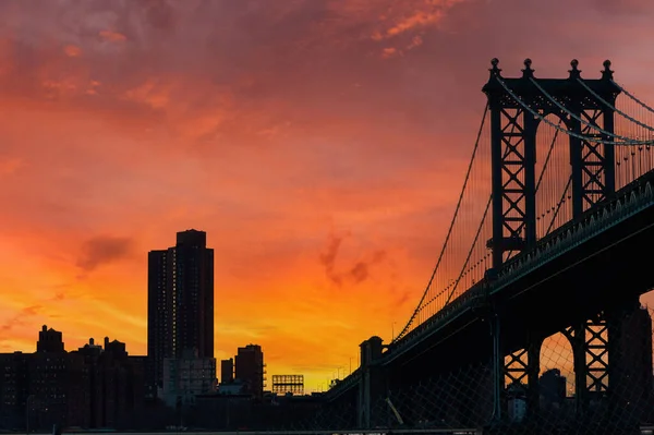 Manhattan Bridge Und Silhouettenblick Von Brooklyn New York City Bei — Stockfoto