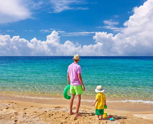 Niño Dos Años Playa Con Padre Sosteniendo Anillo Inflable Vacaciones —  Fotos de Stock