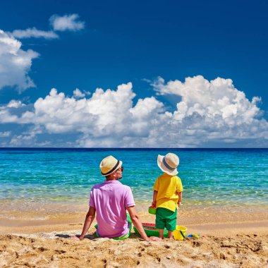 Babasıyla kumsalda iki yaşında bir çocuk. Şişme yüzük ve plaj oyuncakları. Yaz tatili. Sithonia, Yunanistan. 